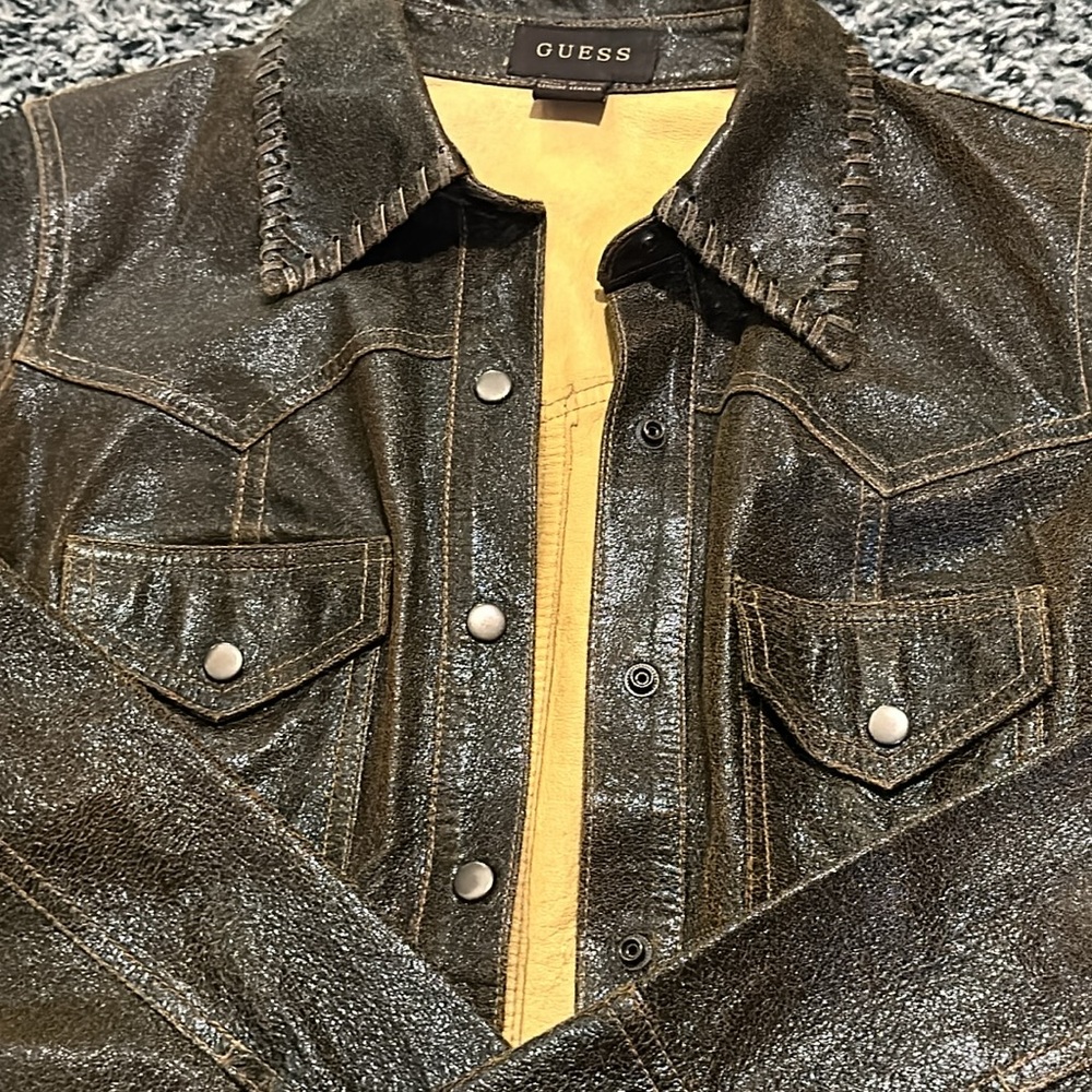 Woman’s Brown Leather Button Down Jacket From Gue… - image 4